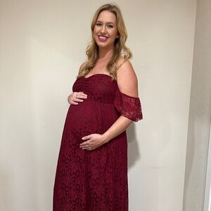 Elegant Maternity Burgundy Lace Off-Shoulder Dress Size XL NWOT